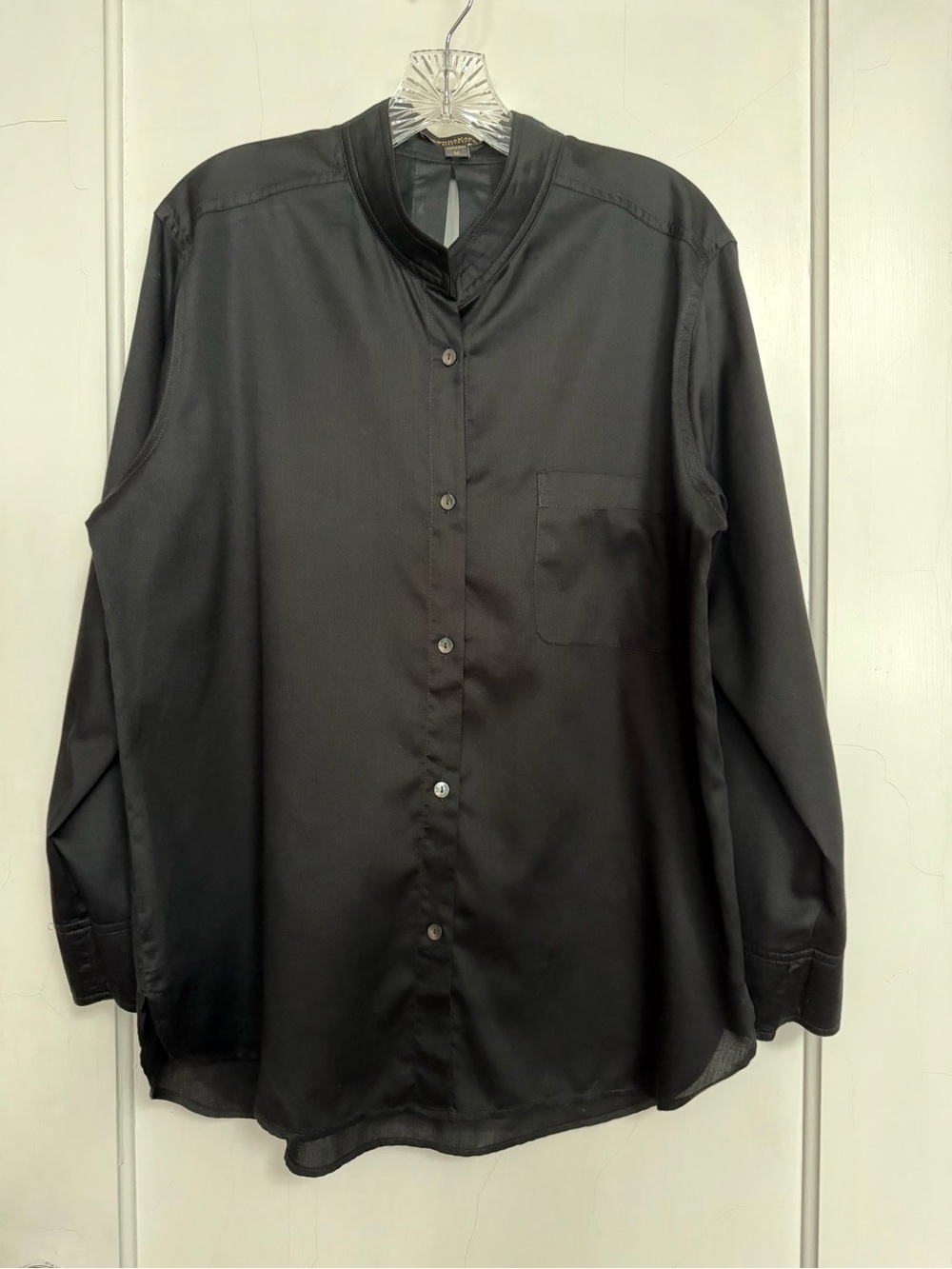 Donna Karan Black label : Black Cotton Poplin Mandarin Collar Button-Up Shirt